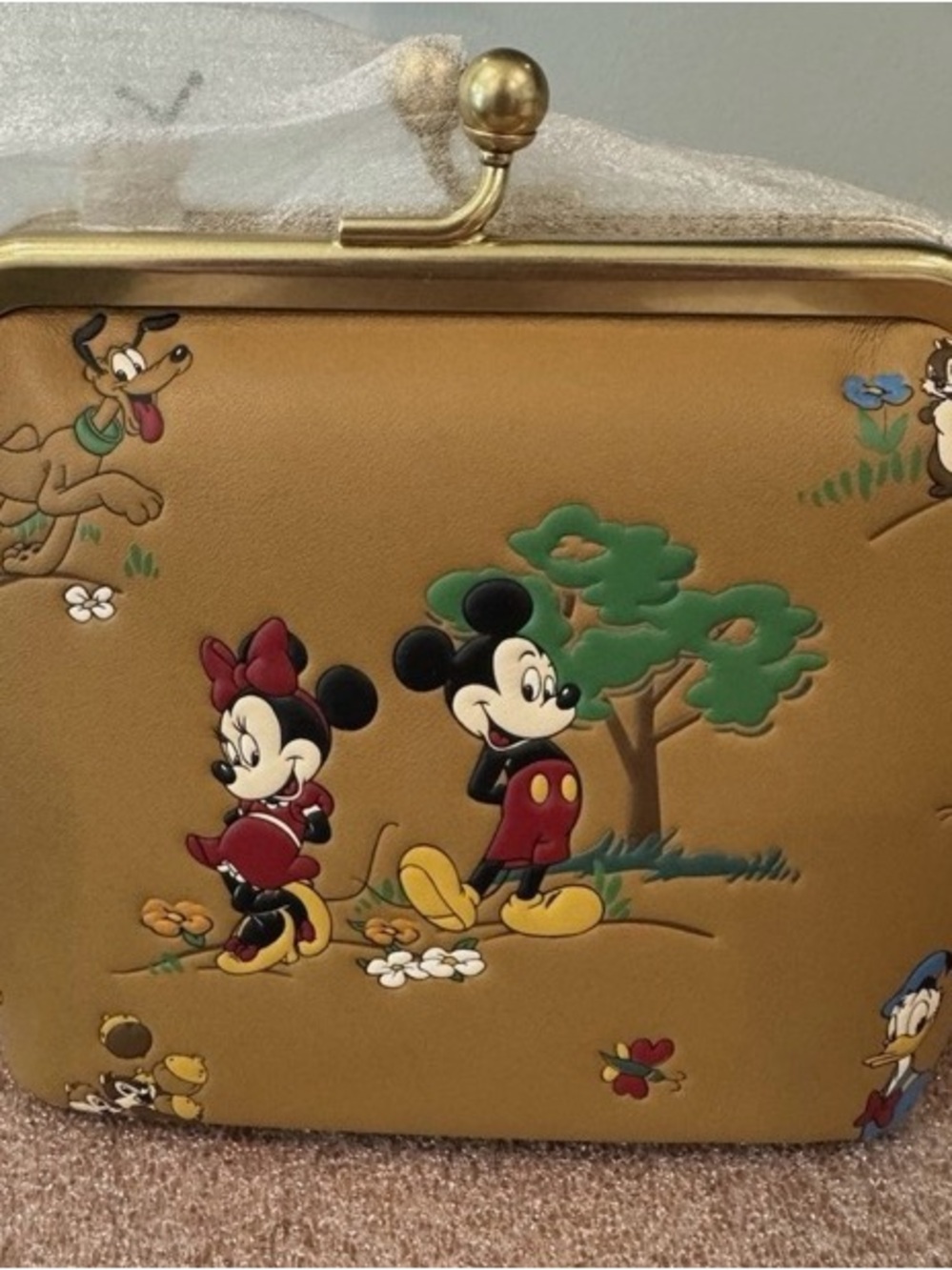 Coach Tan Disney Mickey & Minnie Leather Kiss-Lock Wristlet Purse